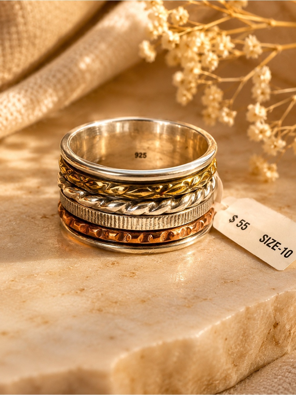 Sterling Mixed-Metal Stacked Spinner Ring - Silver, Gold & Rose NWT Size 10